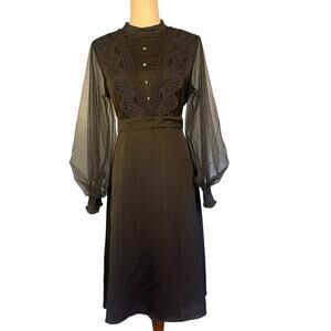 Burryco Black Lace Trimmed Sheer Long Sleeves Lined Midi Dress XL/10 NWT